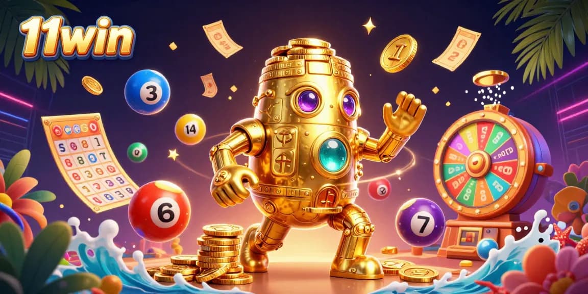 Engage with 11win's vibrant 3D golem scene filled with golden coins and lively lottery elements.