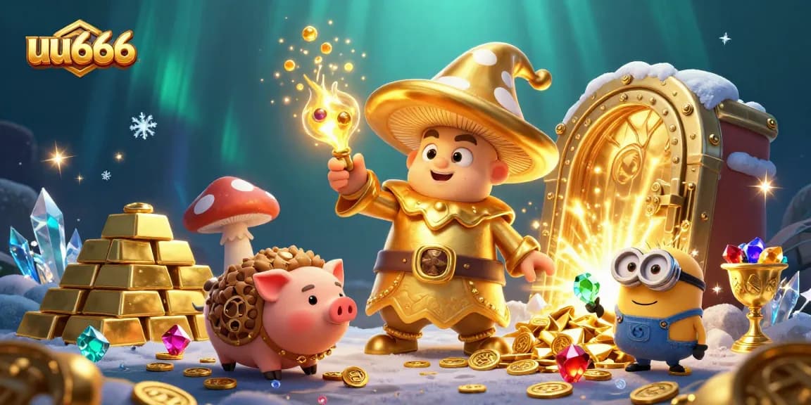 Join the gambling fun at uu666 while the wizard highlights gold treasures and gems in this vibrant scene.