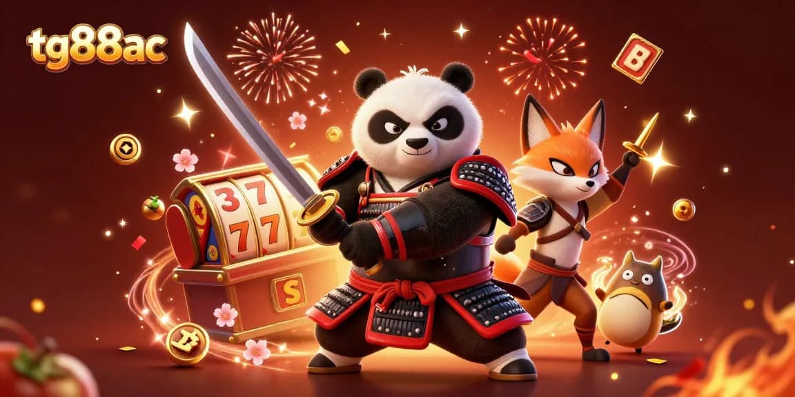 Engage with the thrilling gaming world of tg88ac featuring a dynamic scene of a samurai panda and friends with slot reels.