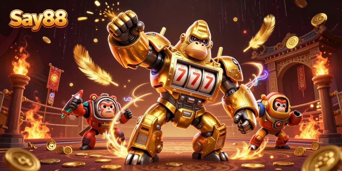 Action-packed scene featuring Say88's golden gorilla mech amidst vibrant casino elements and explosive energy