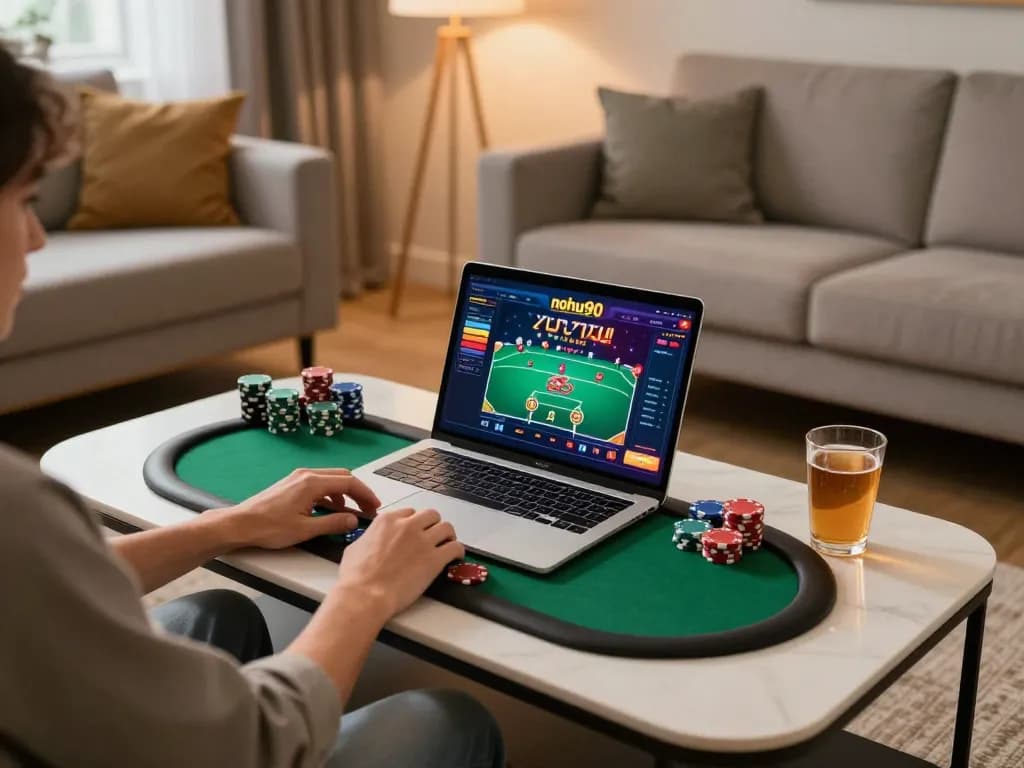 Engaging nohu90 online poker game displayed on a laptop in a stylish home setting, illustrating an immersive gaming experience.