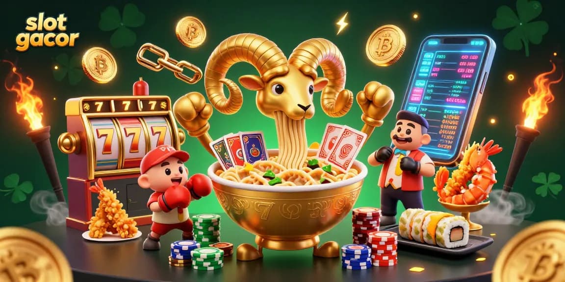 Engage with the vibrant world of slot gacor with a stunning 3D illustration of a golden ramen bowl character and engaging casino elements.