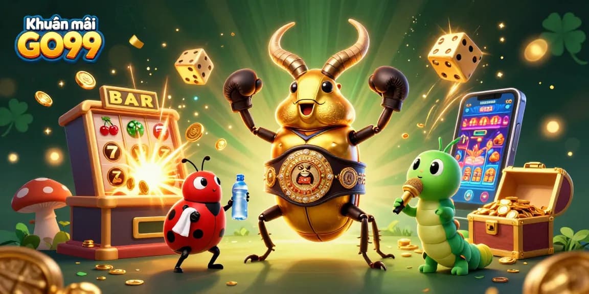 Engage in thrilling action at Khuyến mãi GO99 with a giant beetle champion and vibrant casino elements.