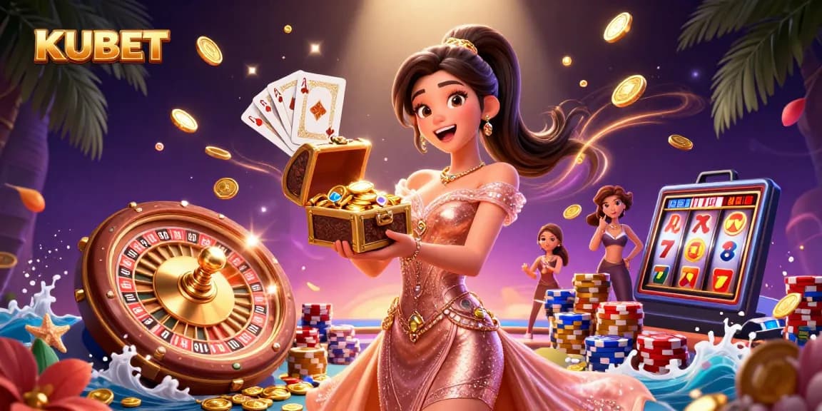 KUBET showcases an elegant Asian woman with a treasure chest full of gems and gold coins, symbolizing winning opportunities.