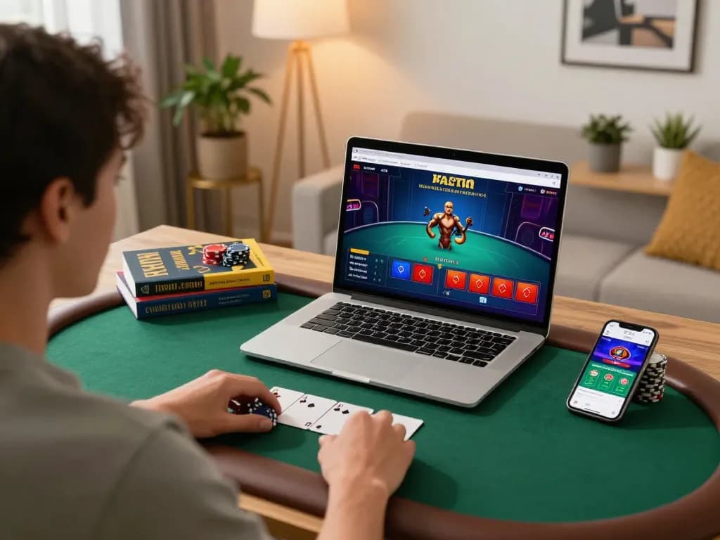 sunwin online poker setup with engaged player using laptop and strategy books for better gaming