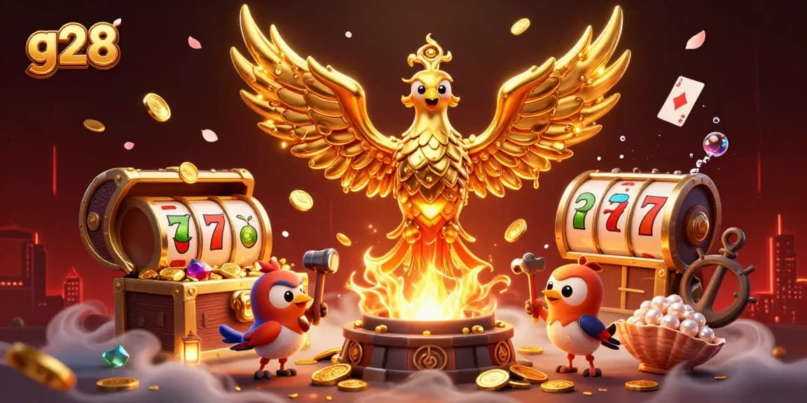 Experience g28's thrilling gaming atmosphere with golden phoenix and vibrant slot elements.
