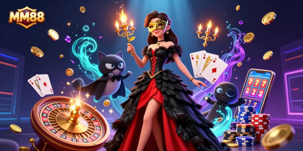 Engage with MM88 through exciting games featuring a glamorous woman in 3D illustration.