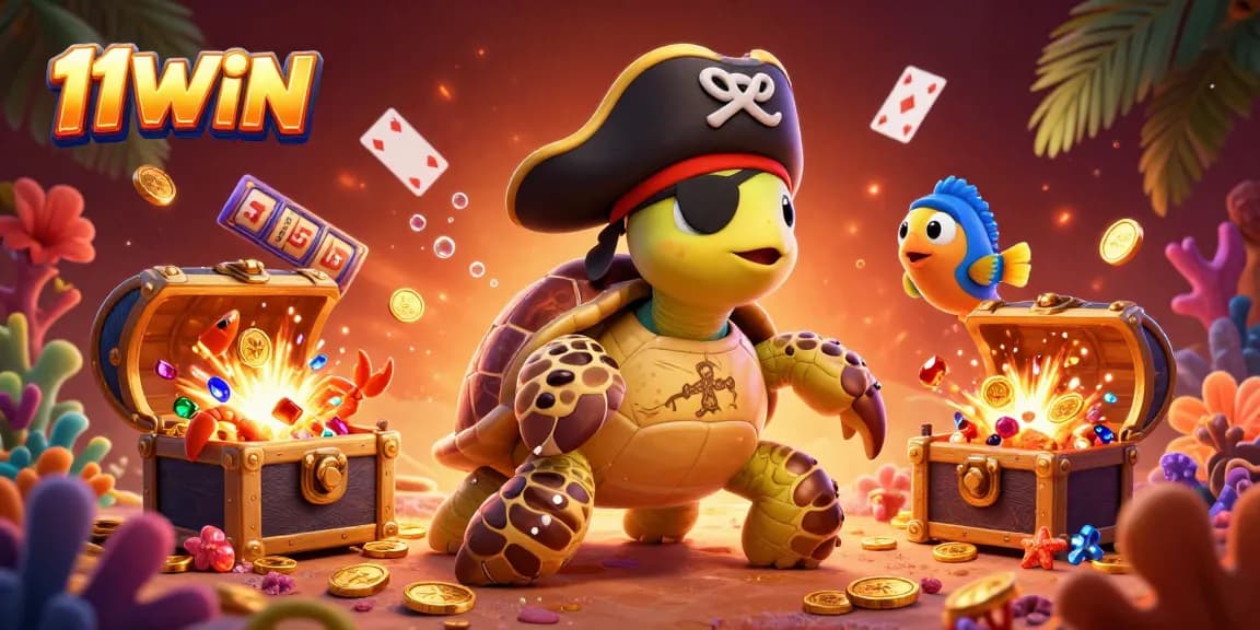 11WIN showcases an exciting casino adventure with characters amidst treasure, slot reels, and floating cards.