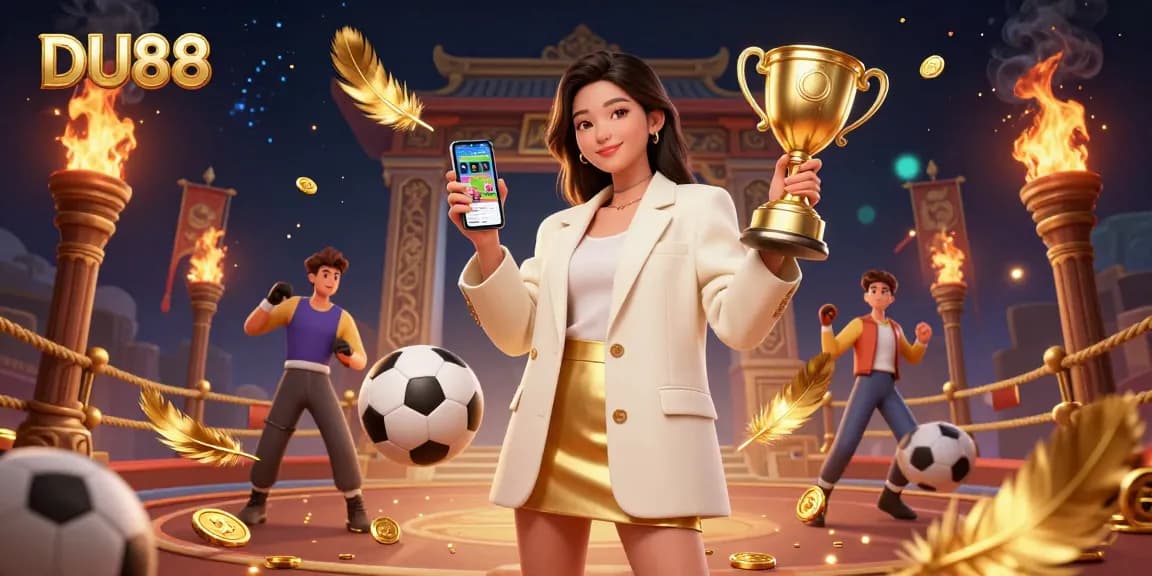Engage with DU88's thrilling sports betting scene showcasing an Asian woman with a smartphone app.