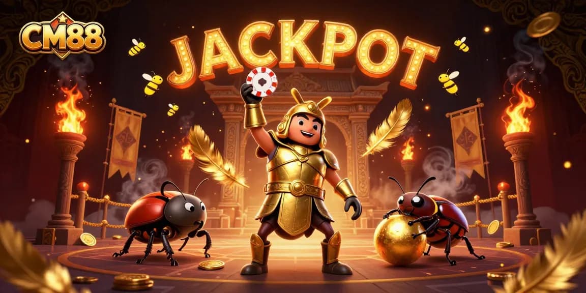 Experience exciting wins with CM88, featuring a beetle warrior triumphantly hoisting a poker chip.