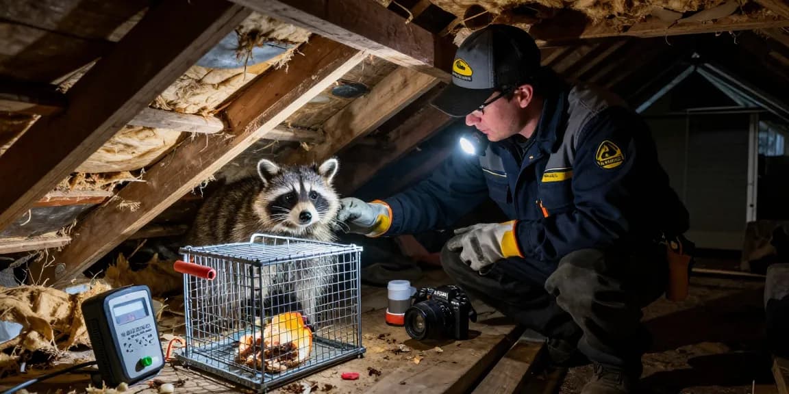 Raccoon Removal Toronto expert assessing attic signs of infestation with safety gear and tools.