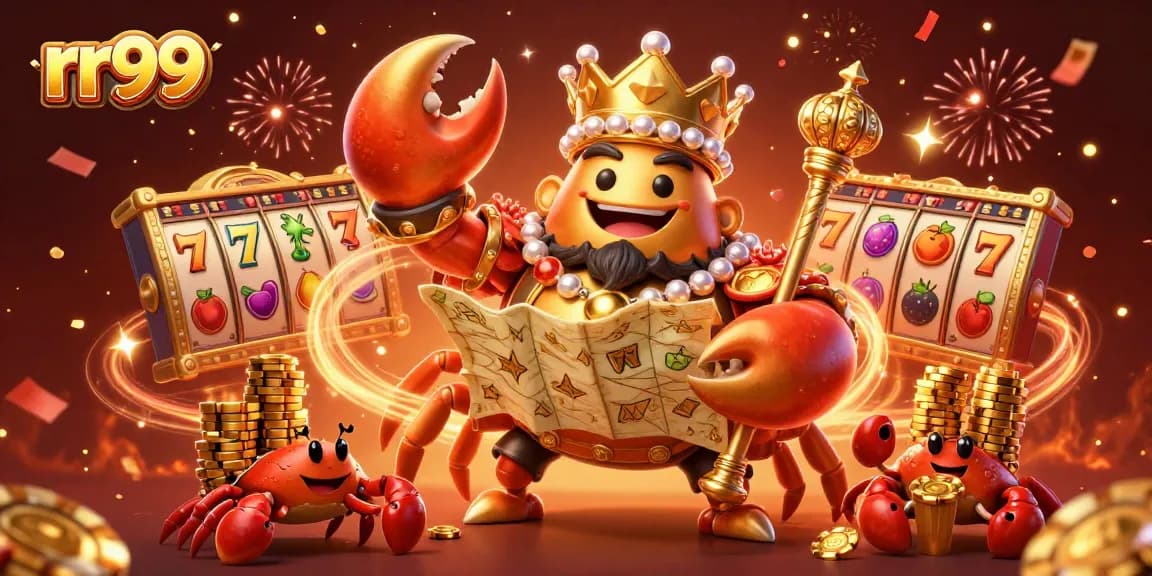 Experience excitement at rr99 with a golden crab emperor promoting thrilling slot games!