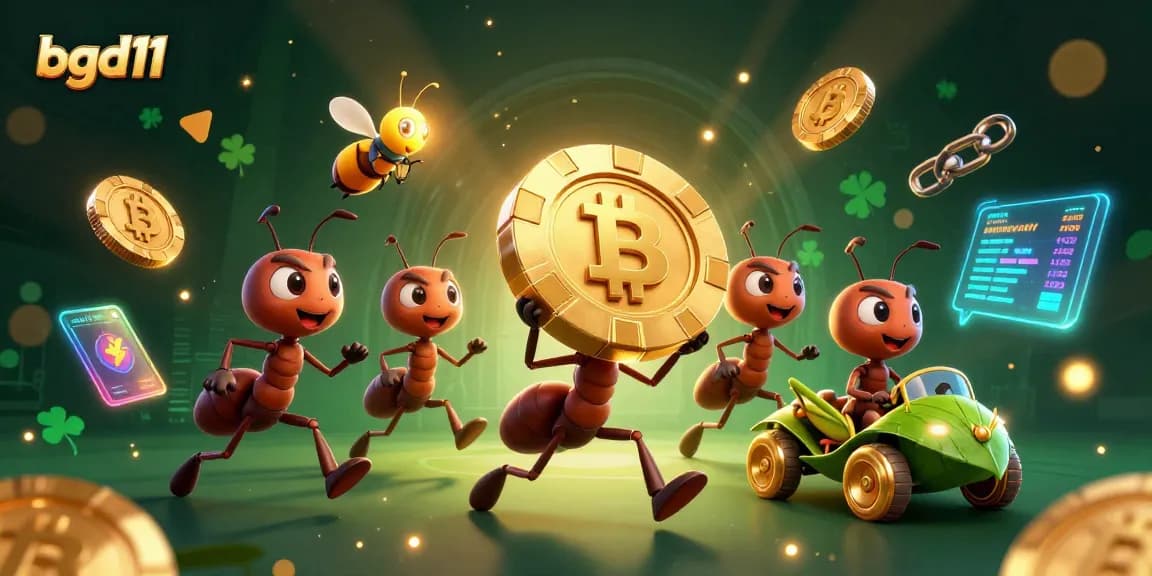 bgd11 team of ants executes a heist with a giant poker chip amidst glowing crypto elements