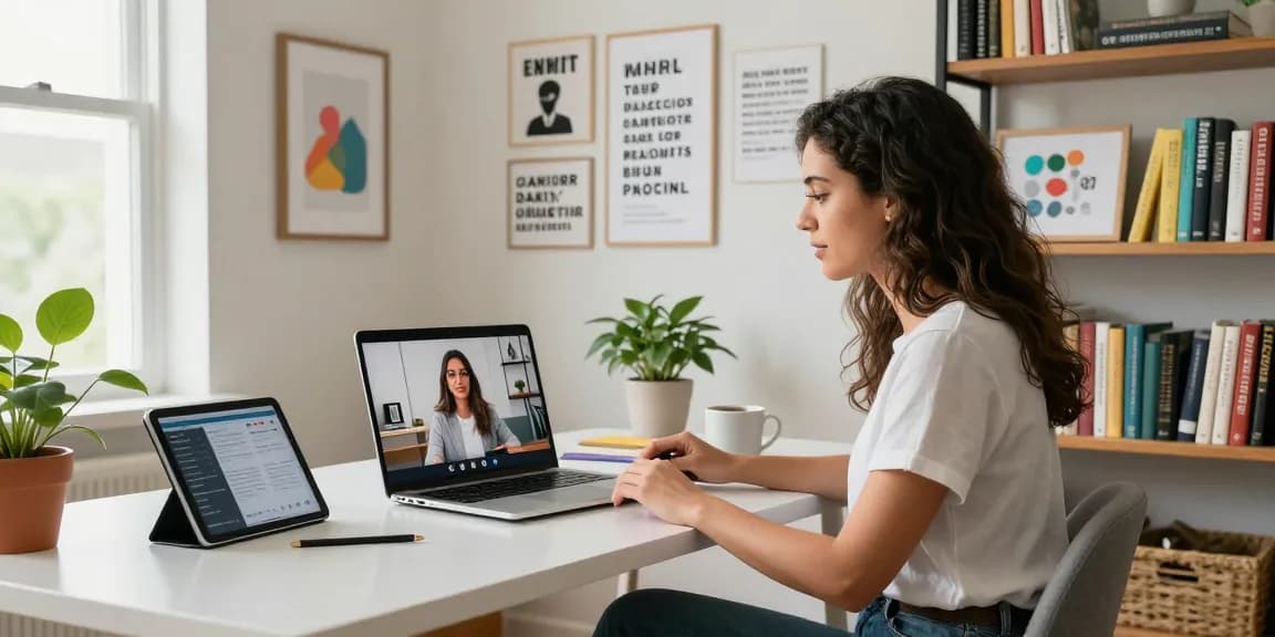 Jaklin Dalir showcasing her personal brand in a modern home office, engaging online audience through vibrant visual elements.
