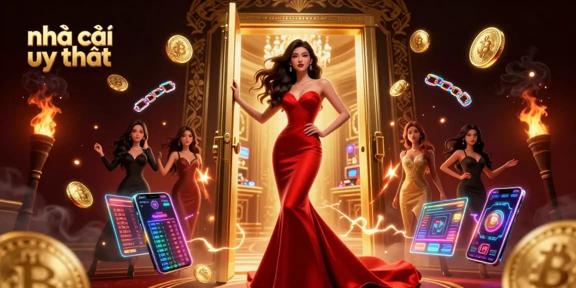 Engage with virtual gameplay at nhà cái uy tín, featuring a stylish Asian woman in a luxury casino doorway.