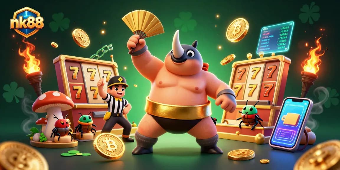 Experience nk88's thrilling gaming atmosphere with a dynamic scene of beetles in action and crypto bonuses.