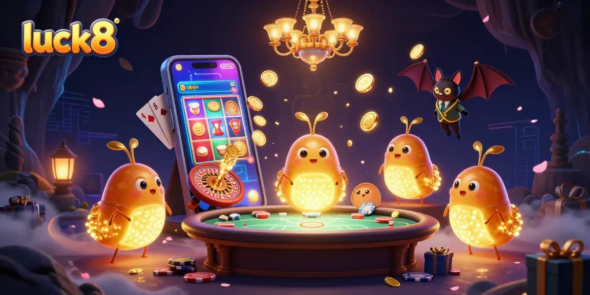 Experience exciting gameplay at luck8 casino with glowing glowworms and a bat dealer in a vibrant cave setting.