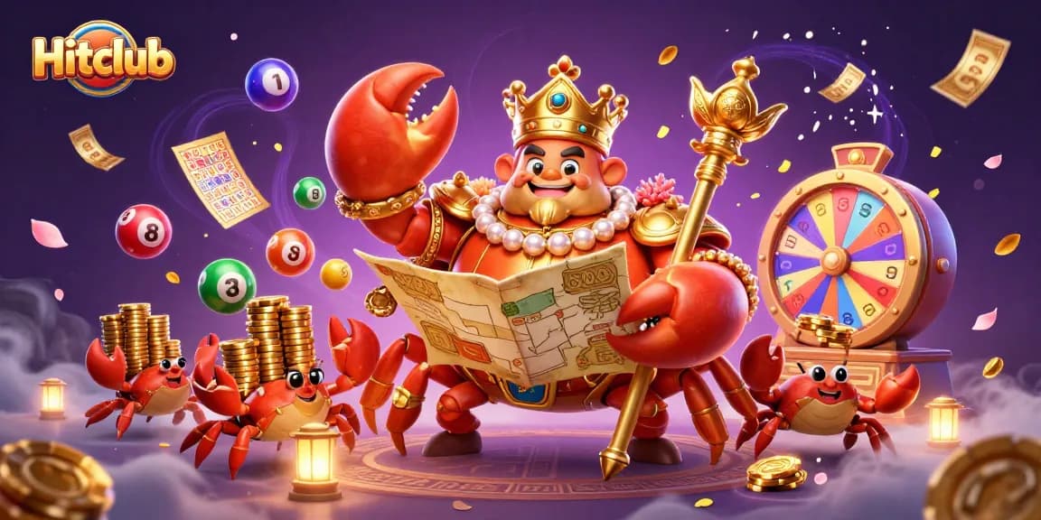Hitclub features a golden crab emperor among vibrant lottery elements, captivating gamers with excitement.