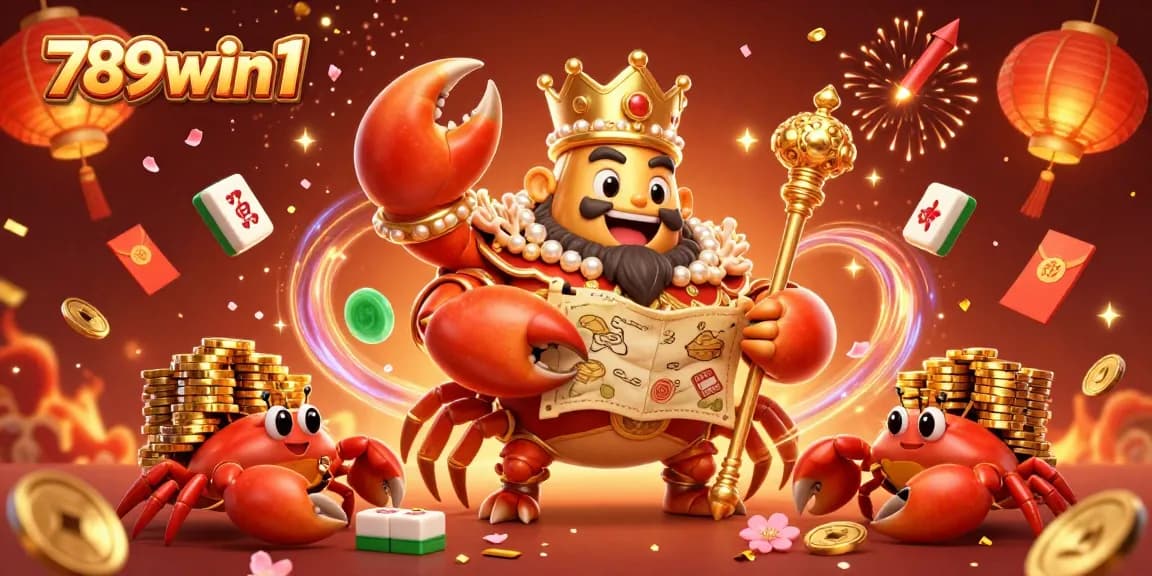 Engage in the exciting world of 789win1 with a vibrant illustration of a golden crab emperor holding treasures.
