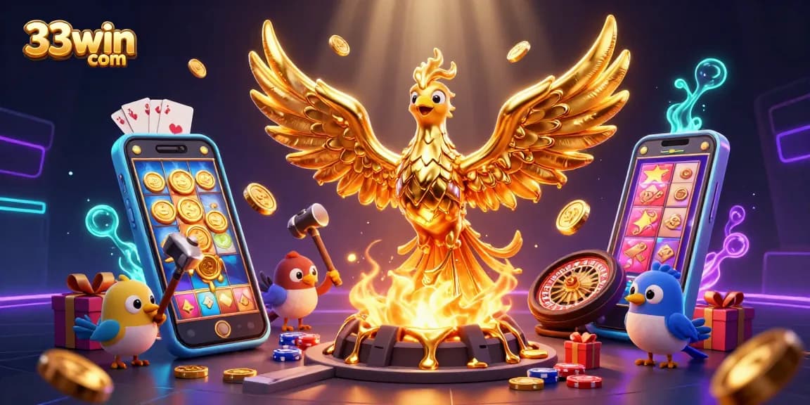 Play exciting slot games at 33win com while golden phoenix showers coins in a vibrant casino scene.