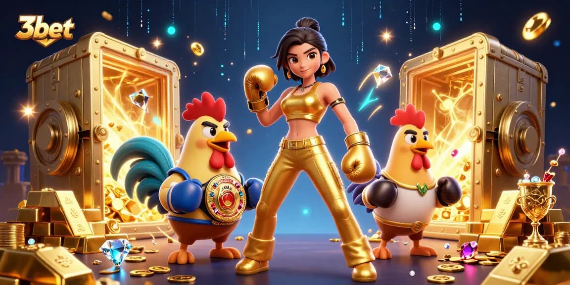 Experience the thrill of 3bet with a powerful boxing champion and cartoon rooster amid sparkling treasures.