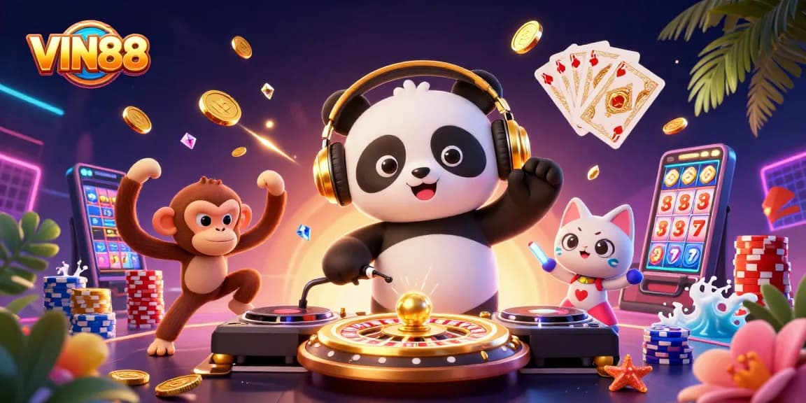 Experience the thrill of gaming and winning at VIN88 with dynamic casino elements and vibrant characters.