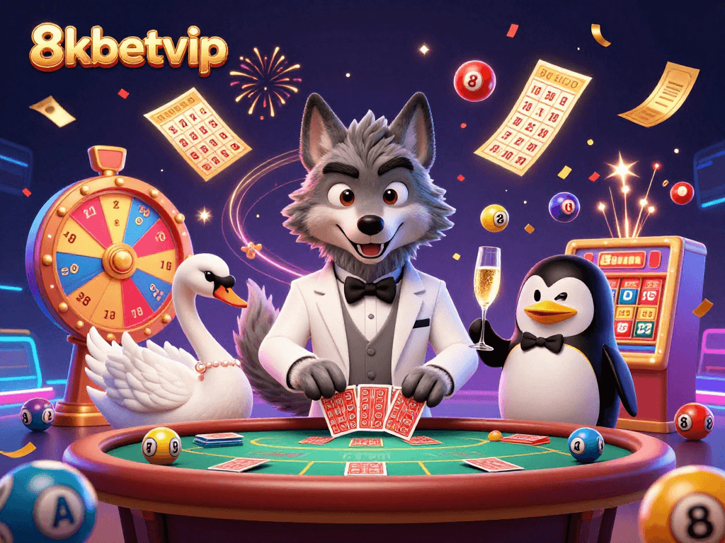 Experience thrilling gambling action at 8kbetvip with a lively casino scene featuring charismatic characters and vibrant game elements.