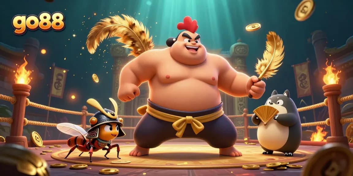 Experience the excitement of go88 with a dynamic 3D illustration featuring a powerful sumo wrestler and fierce competitors.