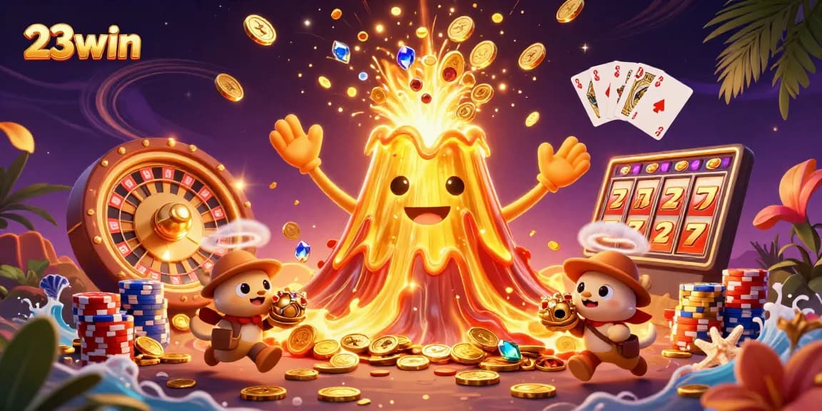 23win captures thrilling casino excitement with a victorious volcano, treasure, and vibrant gaming elements.