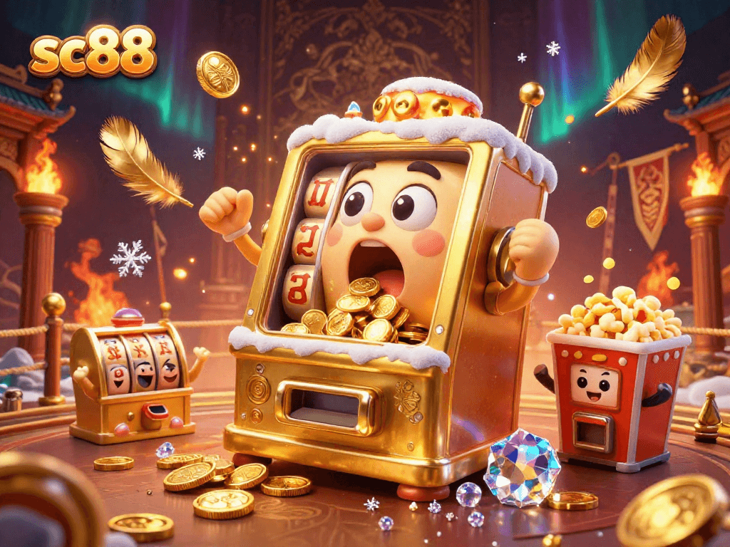 Experience the excitement of sc88 as a golden slot machine hits a jackpot amid cheering companions and a carnival atmosphere.