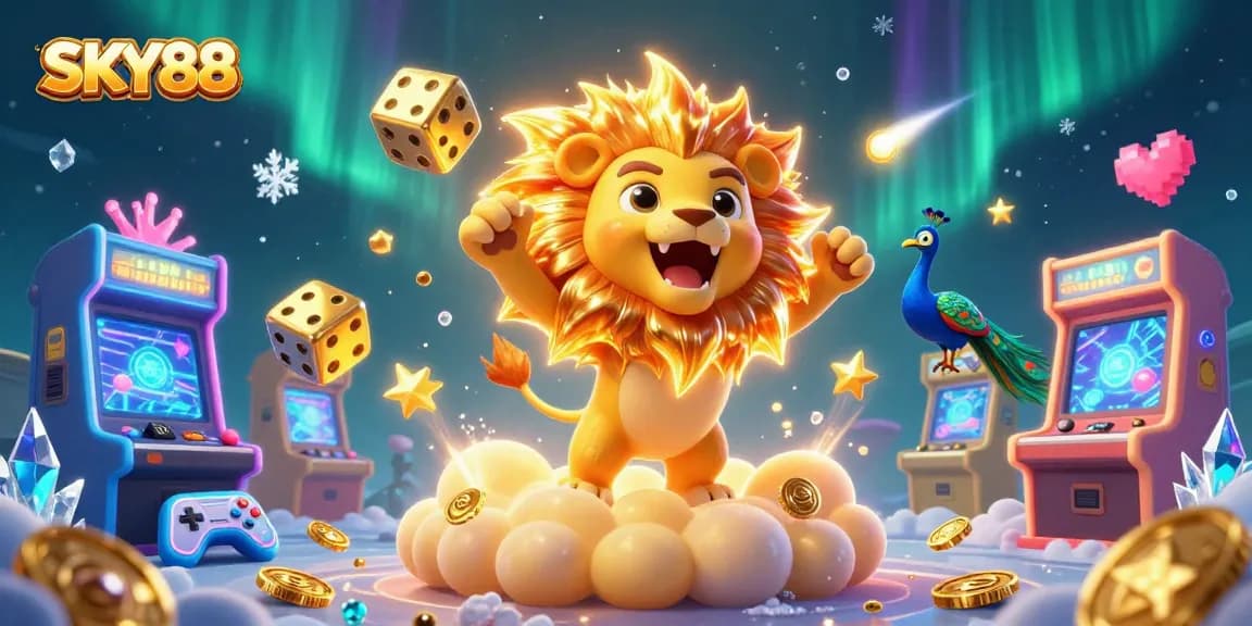 Engage in thrilling online gaming experiences at SKY88 with vibrant casino elements and a dynamic 3D illustration.