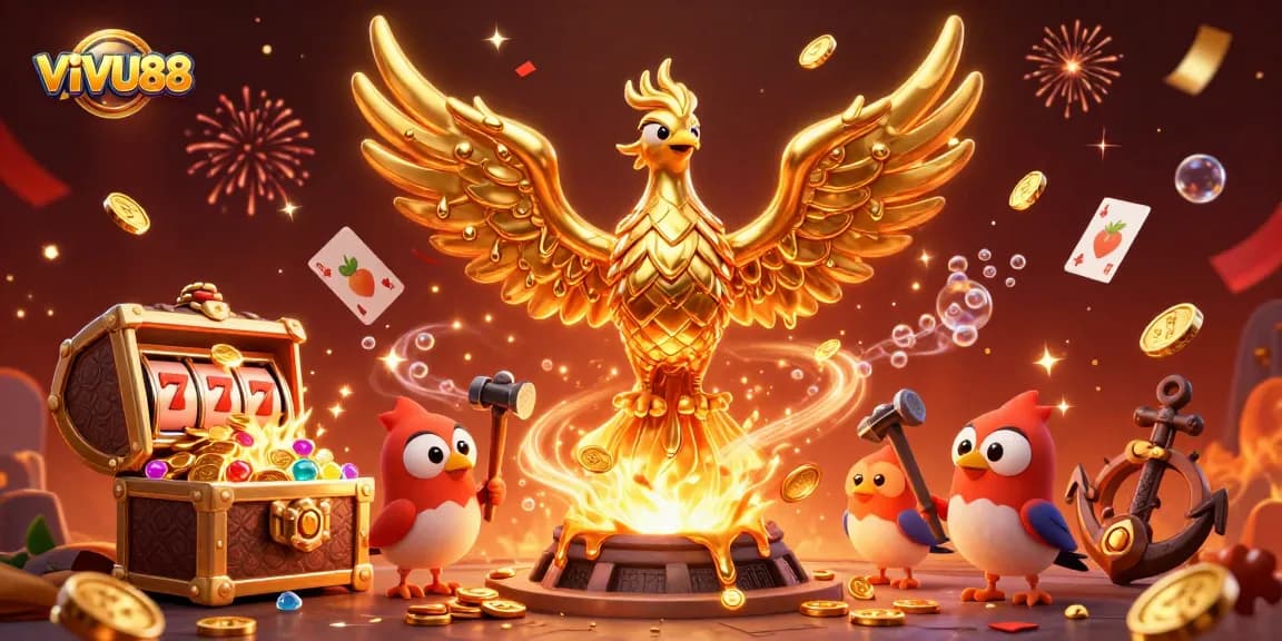 Experience VIVU88's dynamic casino atmosphere with a golden phoenix amid festive symbols and treasures.