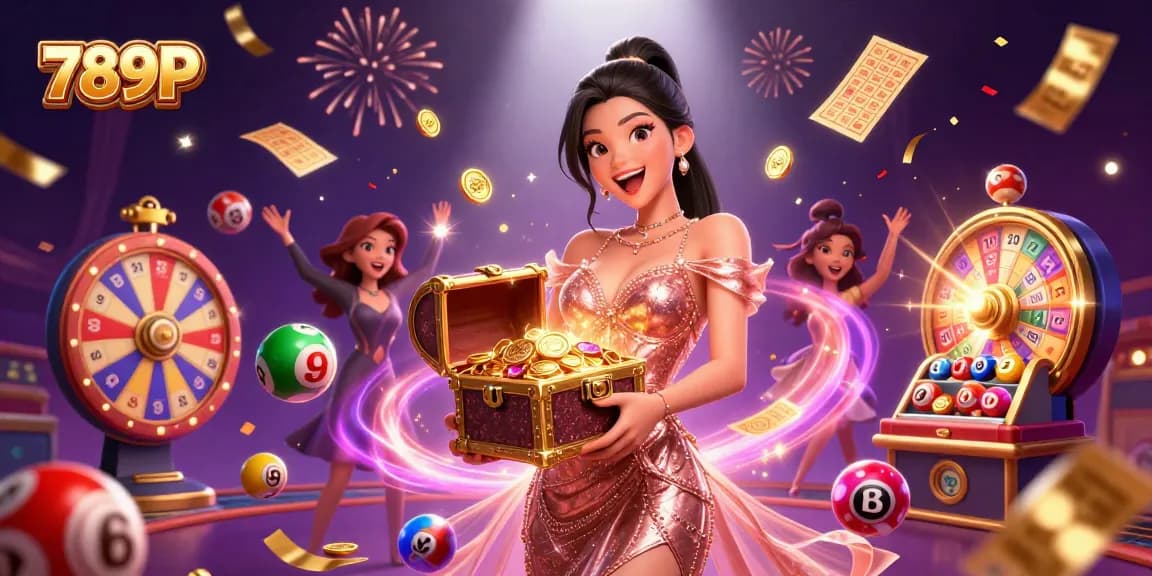 Engage in thrilling gameplay with 789P, showcasing vibrant casino elements and a treasure-filled celebration.