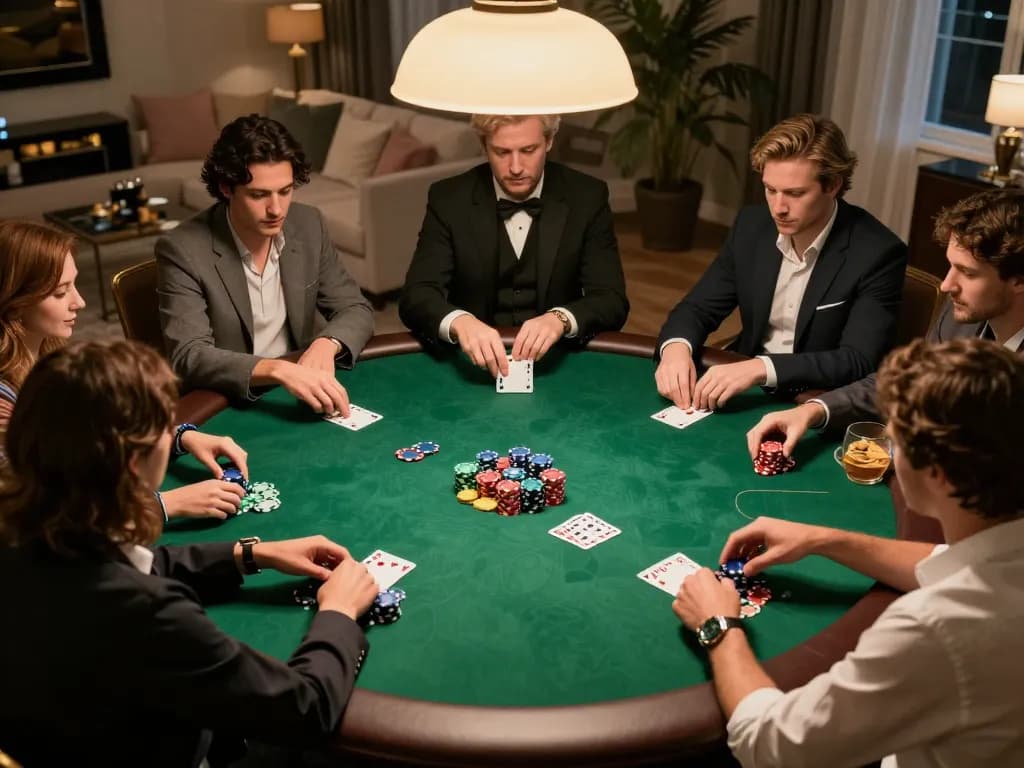 SC88 poker game in luxury home setting with players engaged, showcasing strategy and excitement
