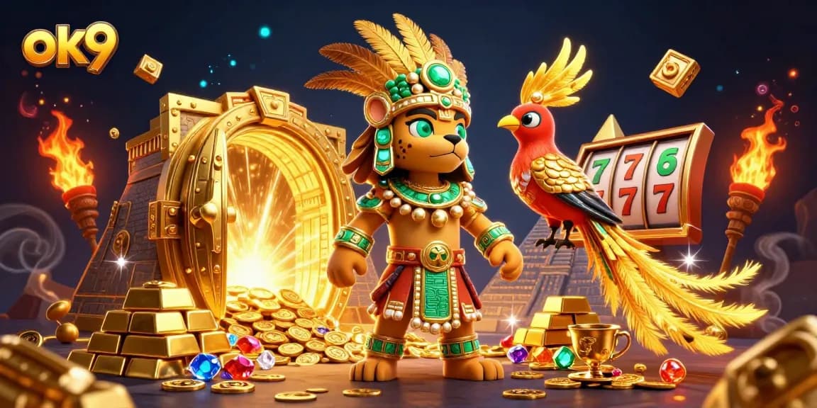 Spin the reels at ok9 with a majestic Mayan jaguar priest in a treasure-filled casino scene.