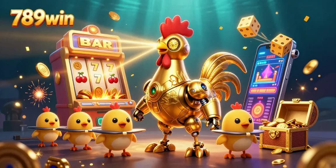 Experience the excitement of winning at 789win with this vibrant 3D casino illustration showcasing dynamic game elements.