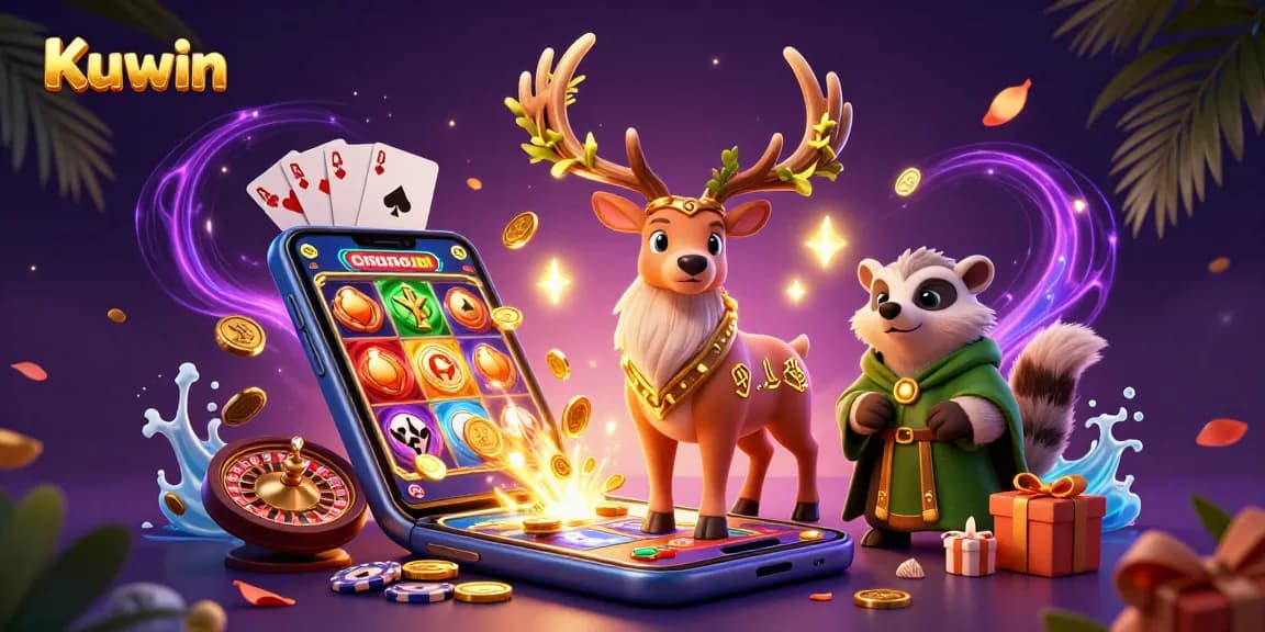 Kuwin presents a vibrant 3D cartoon scene of a druid stag and badger amidst casino elements, highlighting exciting gaming action.