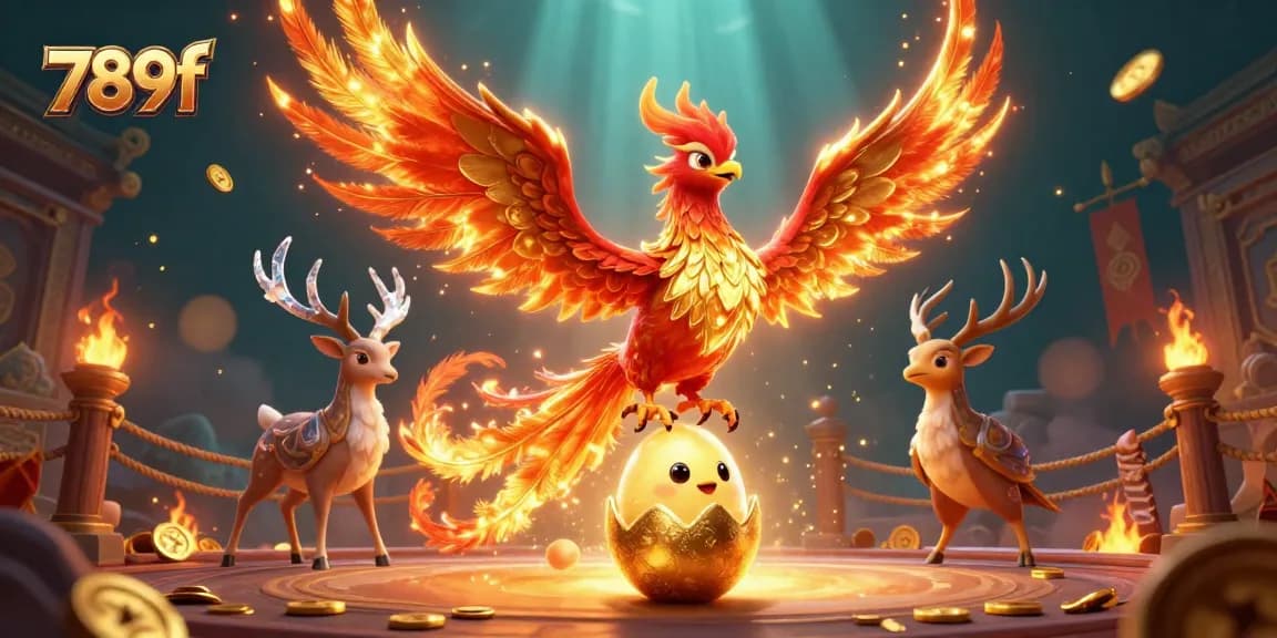 Engage with 789f as a phoenix soars amidst gold coins and vibrant casino elements.