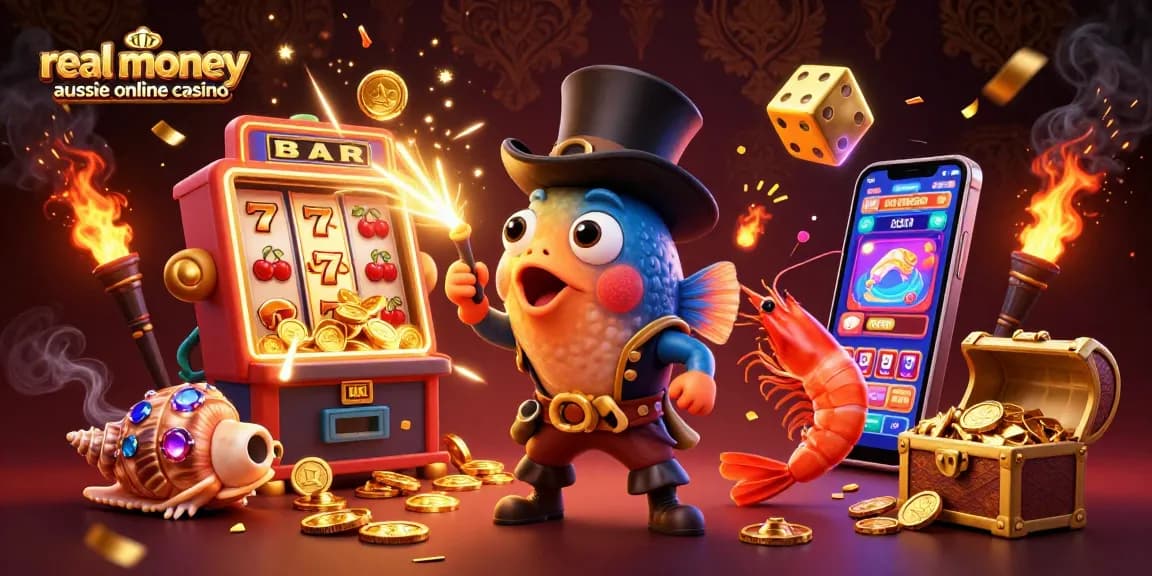 Experience the excitement of a real money aussie online casino with digital illustrations of characters attracted by jackpot riches.