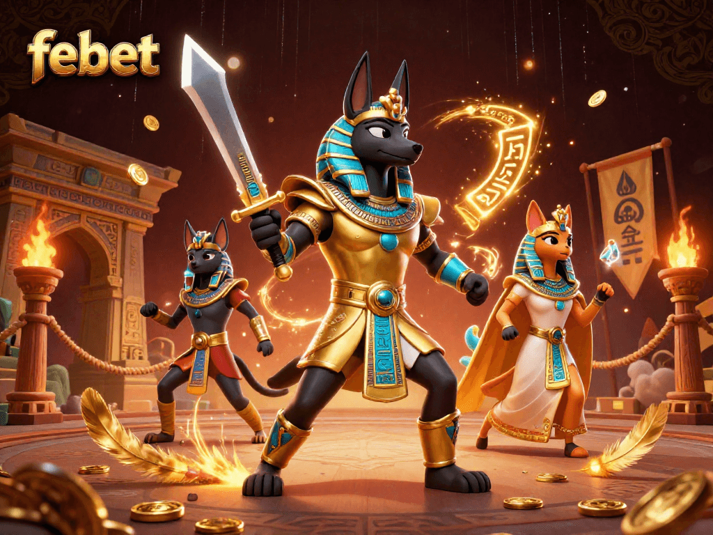 Play exciting games at febet with Anubis and Bastet in a rich 3D casino scene