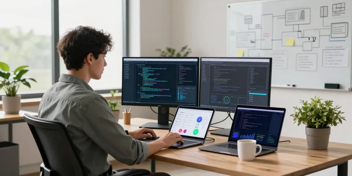 AI Agent software engineer managing advanced tech in a modern workspace.
