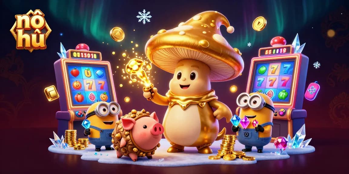 Play nổ hũ with vibrant characters amidst slot machines and glowing treasures, creating excitement and joy.