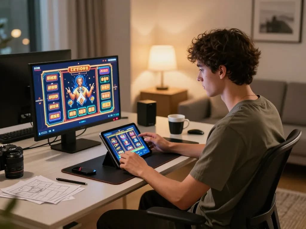A stylish individual enjoying online gaming at home using 88vvgo, surrounded by strategy notes and a warm atmosphere.