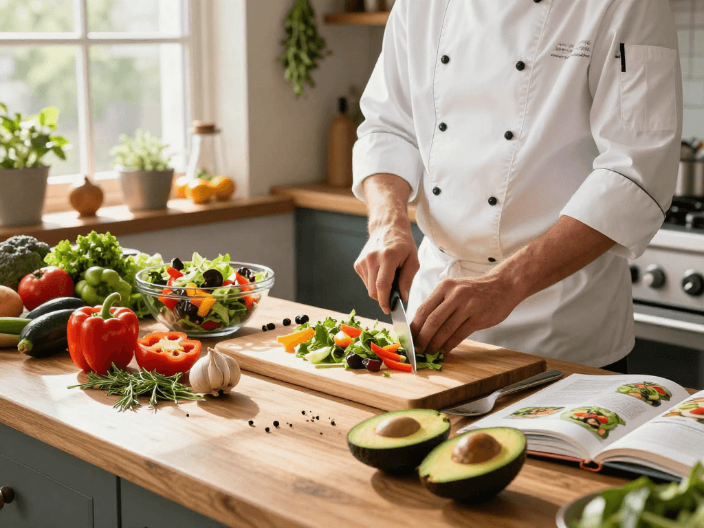 Creating a vibrant salad with fresh ingredients in the erecsure kitchen