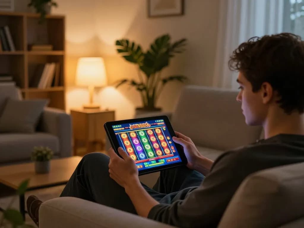 Nohu90 gaming on a tablet in a cozy home setting with warm lighting and inviting atmosphere