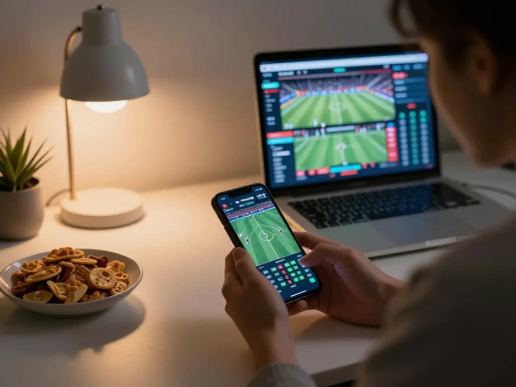 MMOO sports betting experience with smartphone displaying live odds and match stats.