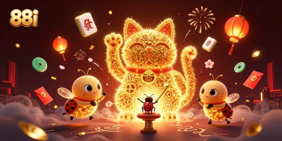 Experience the thrill of winning at 88i with a dynamic scene of a lucky cat and casino symbols.