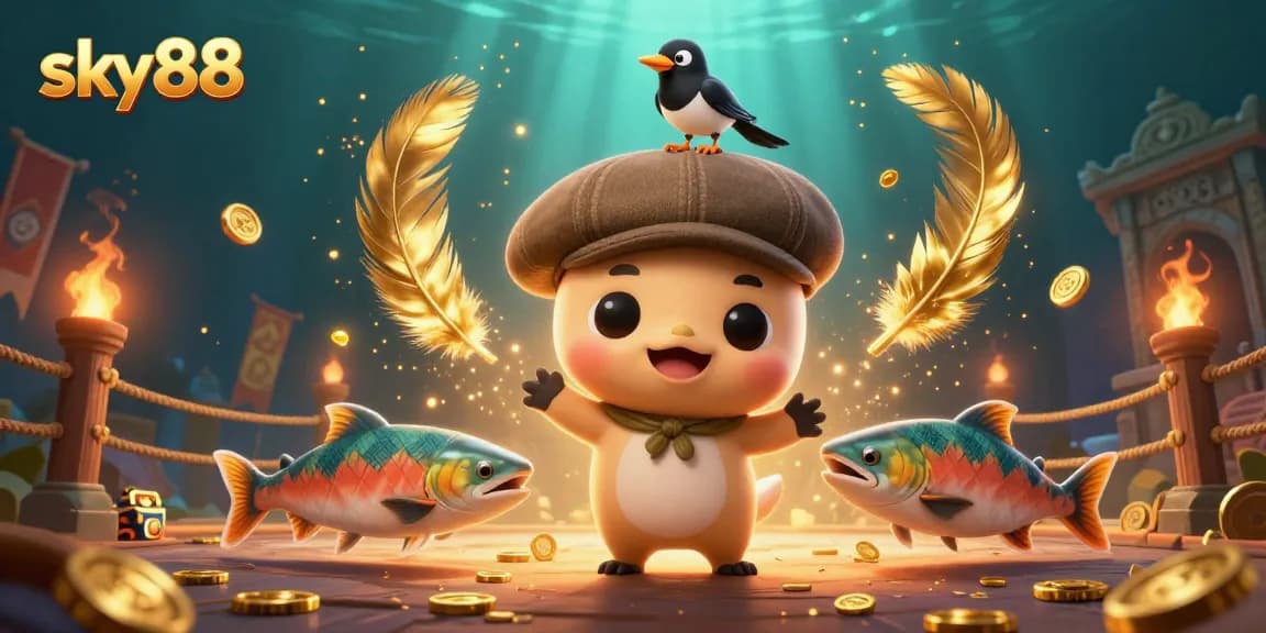 Experience thrilling gameplay at sky88 with playful characters in a dynamic casino scene.