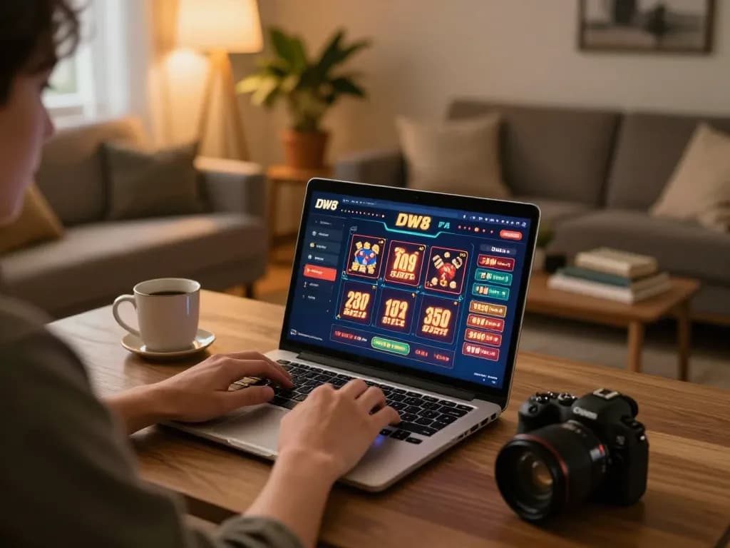 Person engaging with the DW8 online gambling app on a cozy home setup, emphasizing responsible gaming.