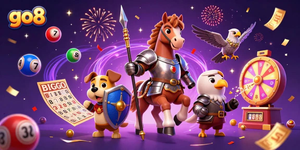 Engage with go8's thrilling slots and games in a vibrant casino scene featuring dynamic characters.